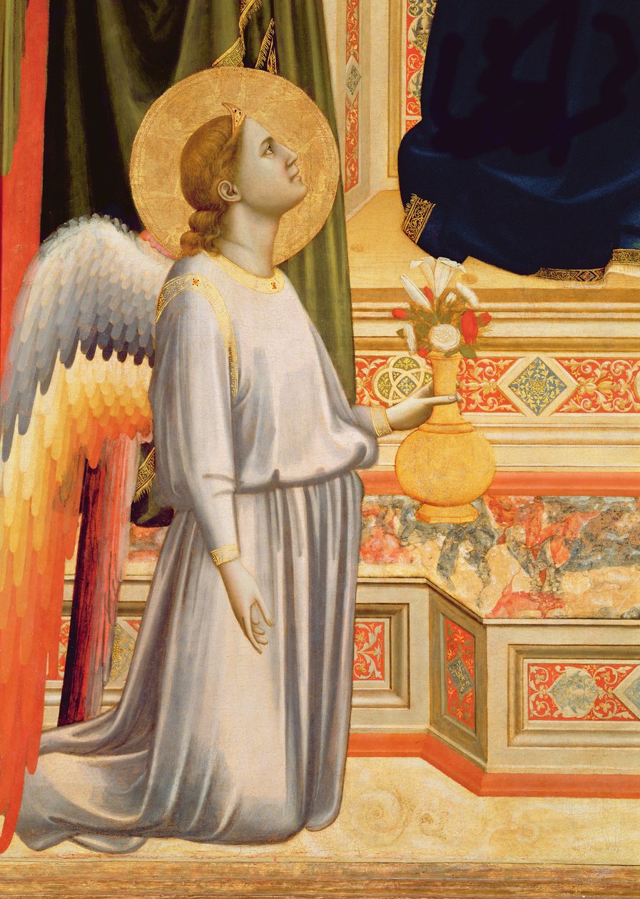 Madonna di Ognissanti-detaljen av knelende engel med vase med blomster, ca. 1310, se også 63334 av Giotto di Bondone
