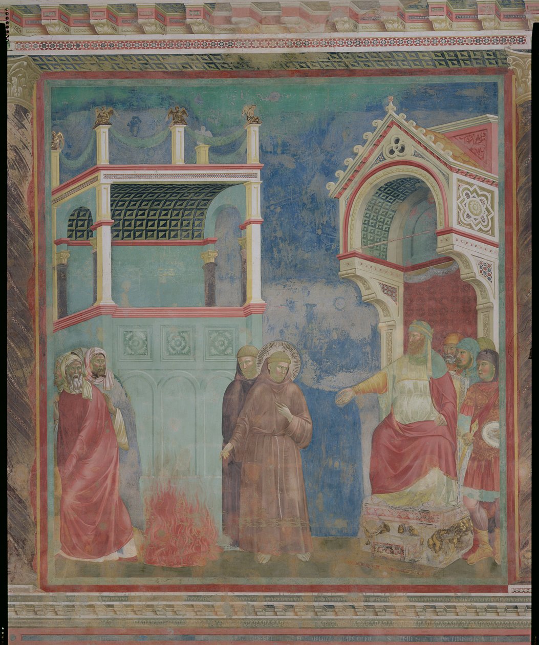 The Trial by Fire, St. Francis tilbyr å gå gjennom ilden for å omvende sultanen av Egypt i 1219, 1296-97 av Giotto di Bondone