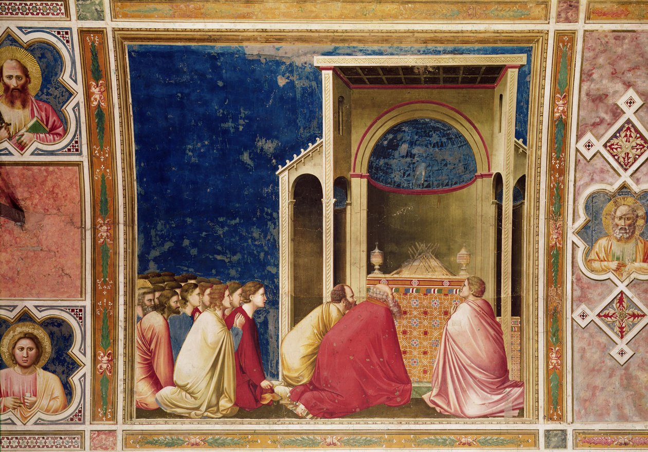 Jomfruens friere ber foran stengene i tempelet, ca. 1303-05 av Giotto di Bondone