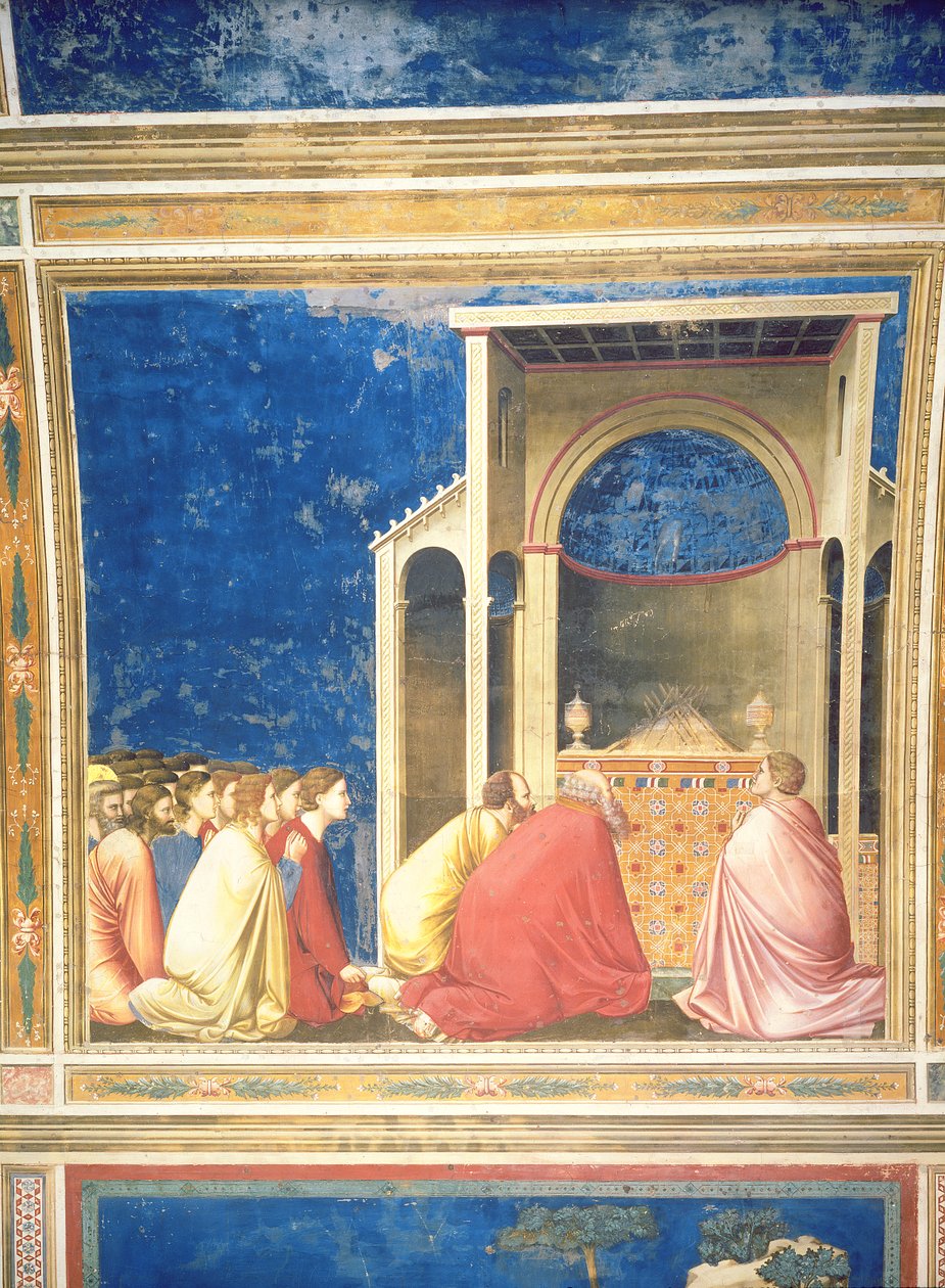 Jomfruens friere ber foran stengene i tempelet, ca. 1305 (for detaljer se 67132) av Giotto di Bondone