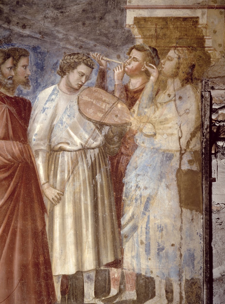 The Virgins Wedding Procession, detalj av musikerne, ca 1305 freskomaleri av 65205 av Giotto di Bondone