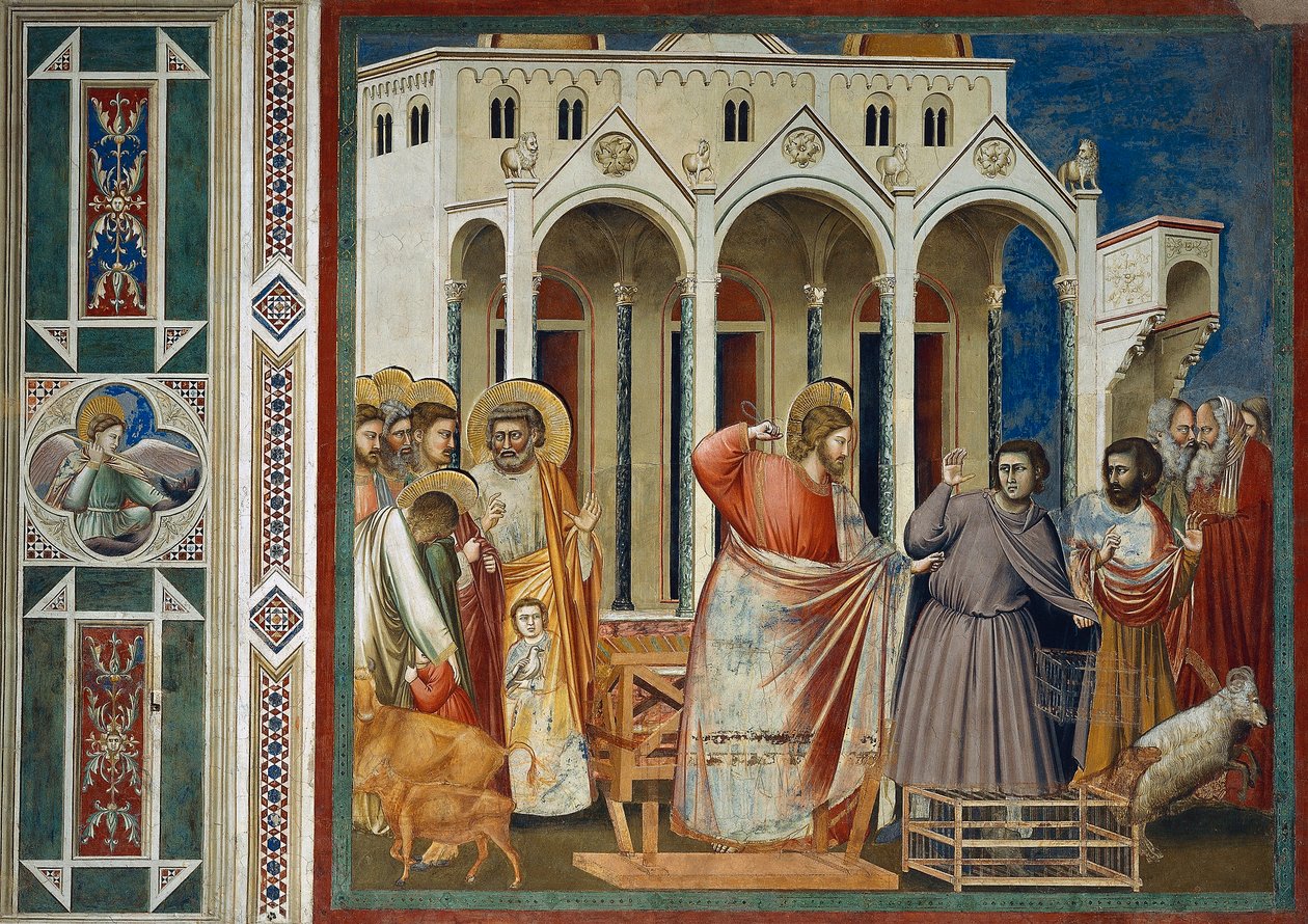 Utvisning av kjøpmenn fra tempelet, Detalj fra Kristi liv og lidenskap, av Giotto av Giotto (c.1266 1337)