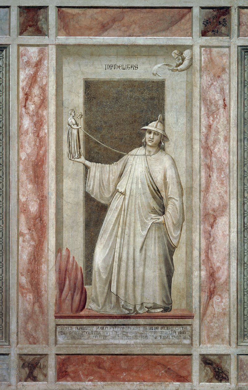 Troløshet (også kalt avgudsdyrkelse), mannlig skikkelse som vender seg bort fra Gud og holder et idol som holder ham bundet i nakken, av Giotto, detalj fra syklusen av freskomalerier The Vices and Virtues, etter restaureringen, Scrovegni Chapel, Padua, Ven av Giotto (c.1266 1337)