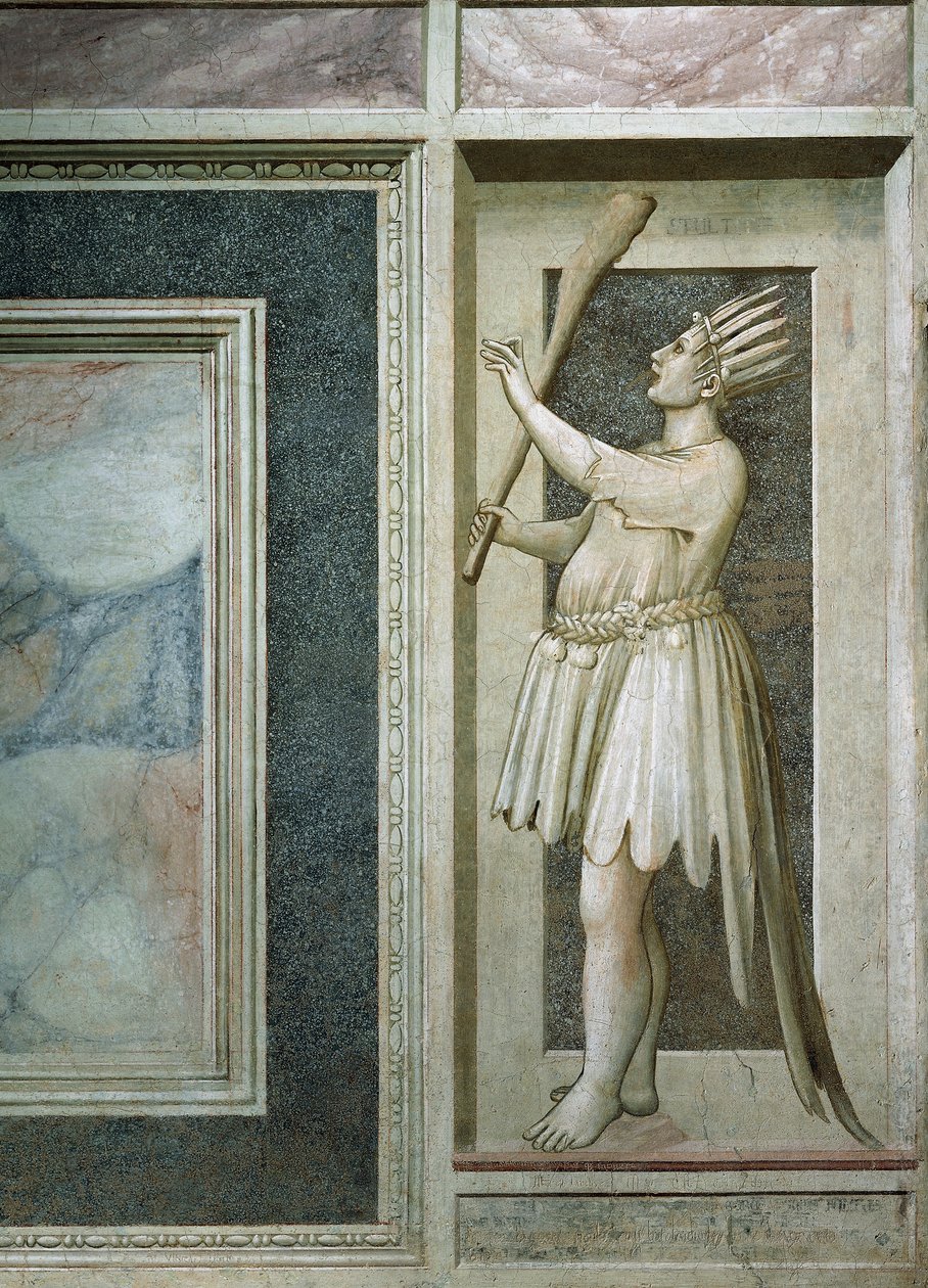 Dårskap, mannsfigur med munn lukket av en lås, en kølle i høyre hånd, hode dekket av fjær og påfuglhale, av Giotto, detalj fra syklusen av fresker The Vices and Virtues, etter restaurering i 2002, Scrovegni Chapel, Padua, Veneto , Italia. av Giotto (c.1266 1337)