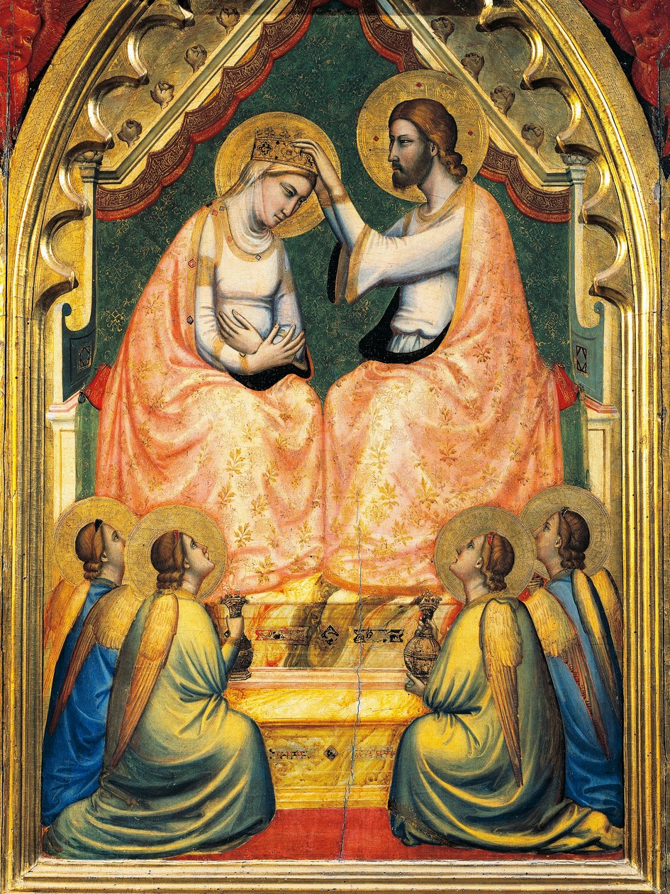 Italia, Firenze, Basilica of Holy Cross, Bandini Baroncelli Chapel, Coronation of Virgin, av Giotto (1267-1337), fresco, detalj av Giotto (c.1266 1337)