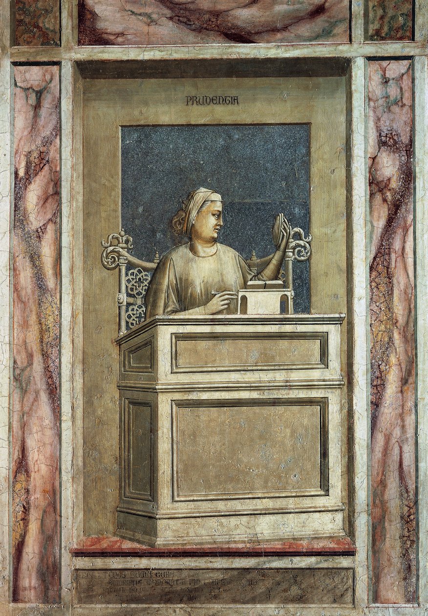 Forsiktighet, kvinneskikkelse som sitter ved et skrivebord, ser på fortiden for å lære av erfaring og leser en bok for å få lære for fremtiden, av Giotto, syklus av fresker The Vices and Virtues, etter restaureringen, Scrovegni Chapel, Padua, Veneto, Itali av Giotto (c.1266 1337)