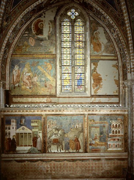 Scener fra livet til St. Francis: Den enkle mannen hedrer St. Francis; St. Frans gir frakken sin til den fattige ridderen; St Francis ser i drømmen et palass fullt av våpen av Giotto (c.1266 1337)
