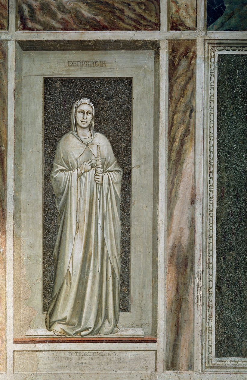 Måtehold, mild skikkelse med sverd bundet til sliren og et hodelag ved munnen som symboliserer kontroll av ordene, av Giotto, detaljer fra syklusen av fresker The Vices and Virtues av Giotto (c.1266 1337)