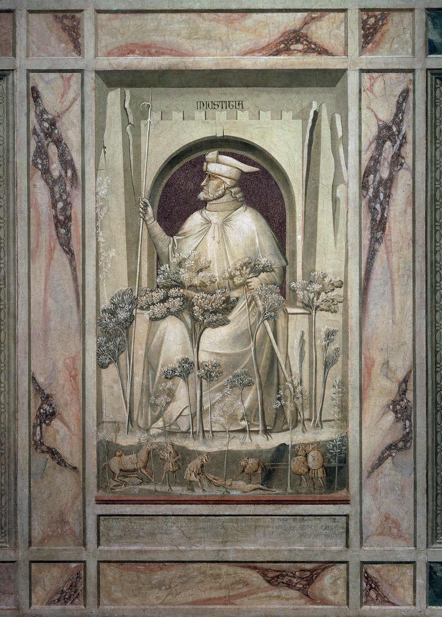 The Injustice, en gammel mann som holder et sverd i hendene mens før ham vokser ondskapens trær, av Giotto, detalj fra syklusen av fresker The Vices and Virtues, etter restaureringen i 2002, Scrovegni Chapel, Padua, Veneto, Italia. av Giotto (c.1266 1337)