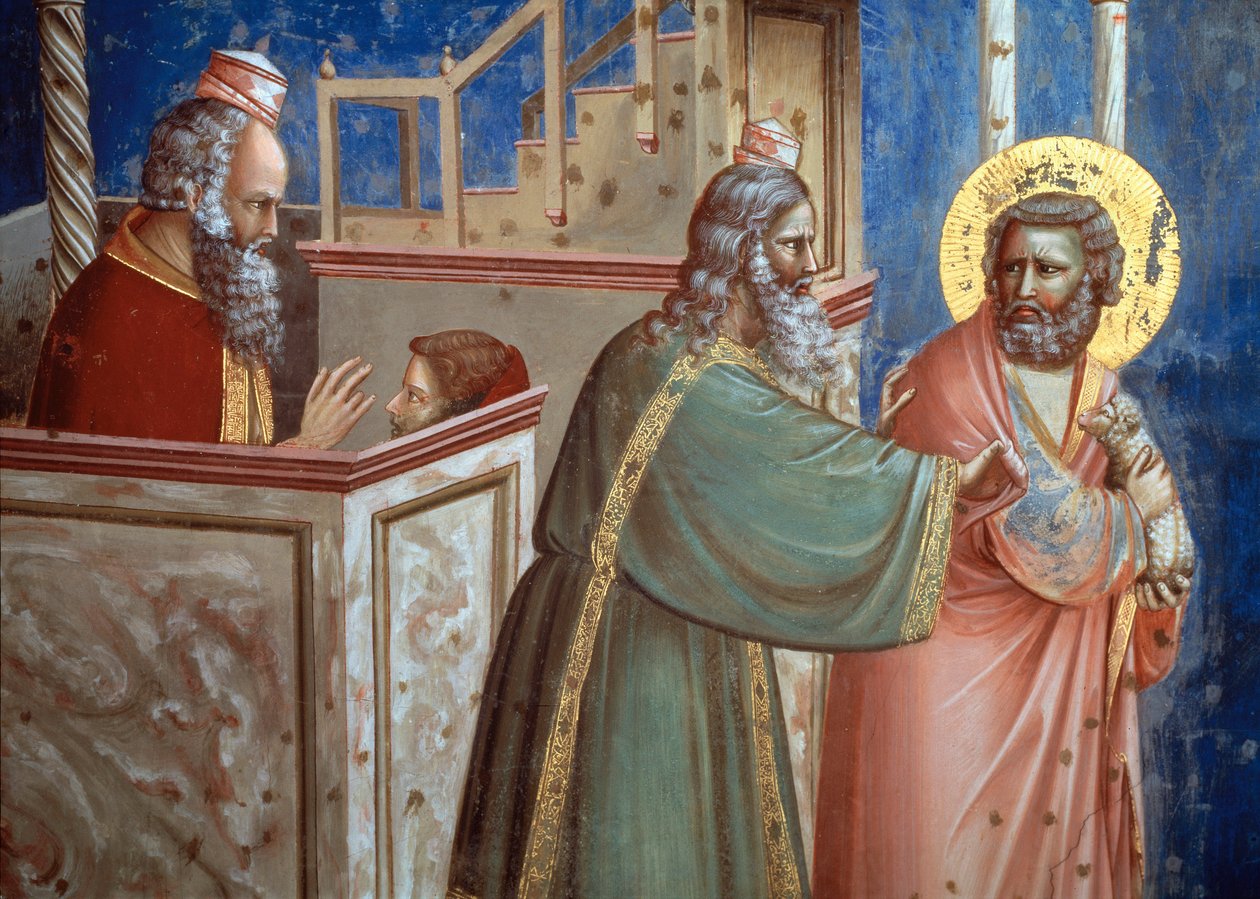 Presten som avviste Joachim kom med et lam for å ofre ham. Detalj fra livet til Saint Anne og Saint Joachim (fresco av Giotto (c.1266 1337)