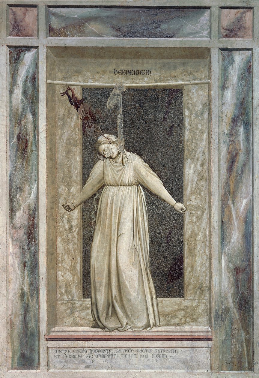 Fortvilelse, kvinneskikkelse som henger seg selv og djevelen som griper henne i håret, av Giotto (1267-1337), detalj fra syklusen av fresker The Vices and Virtues av Giotto (c.1266 1337)