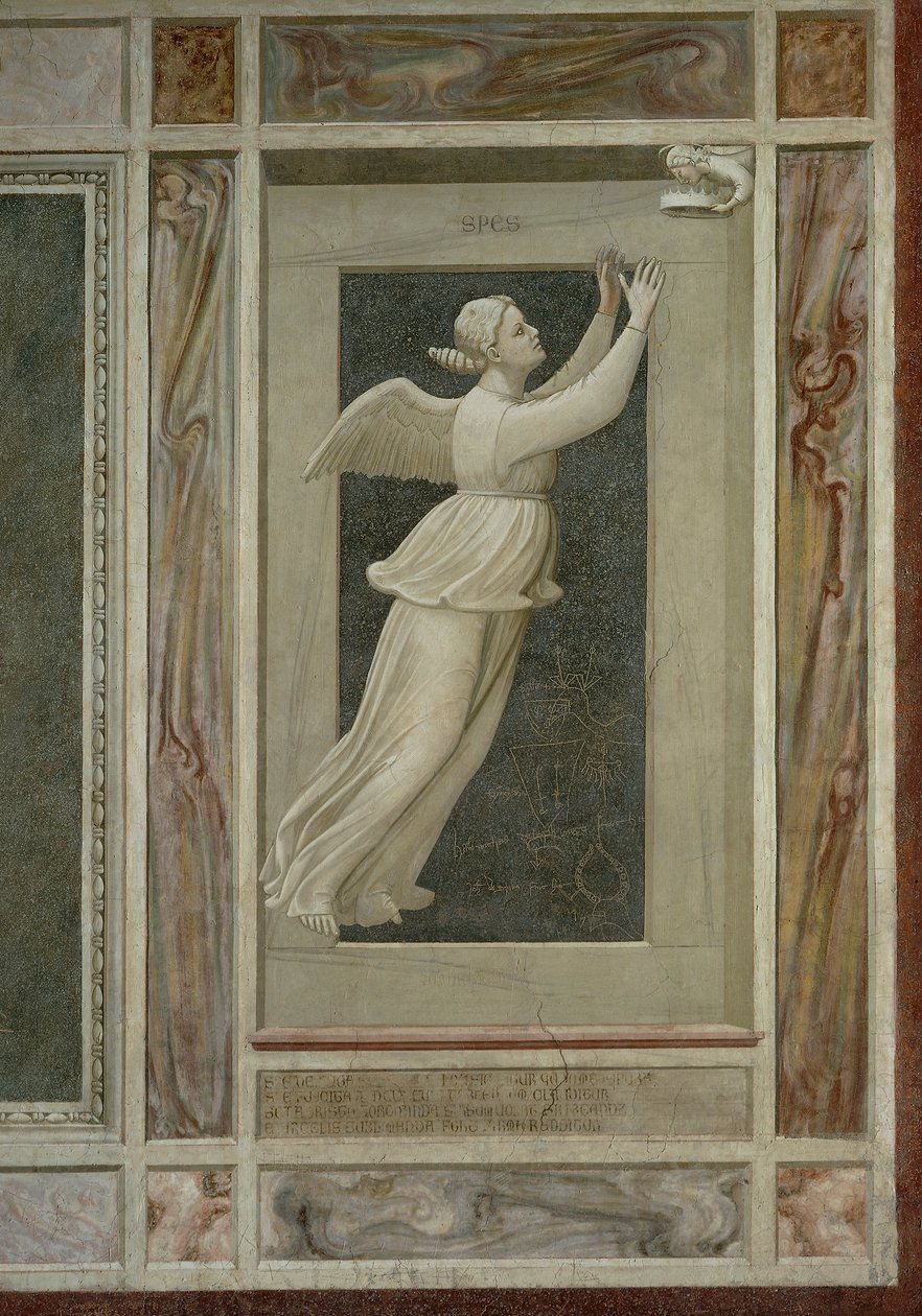 Hope, bevinget kvinneskikkelse som flyr mot en engel som vil lede henne til himmelen, av Giotto (1267-1337), detalj fra syklusen av fresker The Vices and Virtues av Giotto (c.1266 1337)