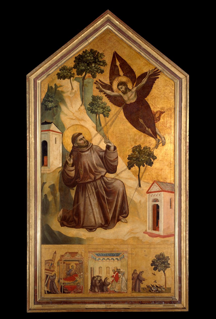 Saint Francois av Assisi mottar stigmaene Tempera på tre av Giotto di Bondone (1266-1337) rundt 1300, søn. 3,13 x 1,63 m. - Stigmataen til St. Frans. Tempera på tre av Giotto di Bondone (1266-1337) rundt 1295-1300. 3,13 x 1,63 m. Museet Louvre, av Giotto (c.1266 1337)