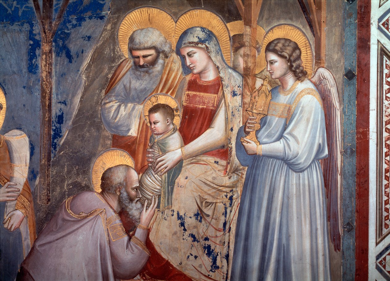 Tilbedelsen av magiene. Detalj som viser magikeren liggende foran Jesus i armene til Maria mellom engelen og den hellige Josef (Fresco av Giotto (c.1266 1337)