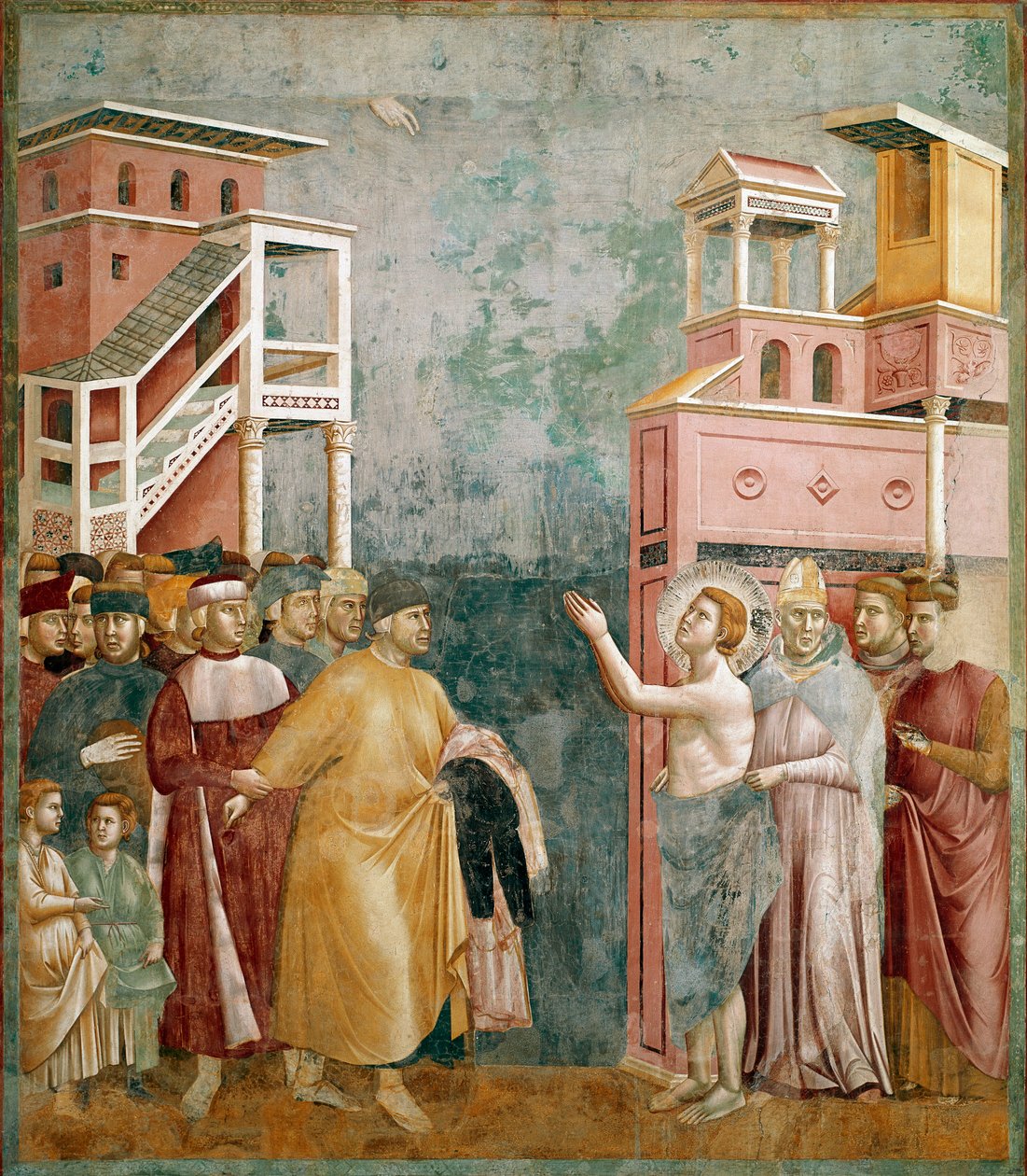 Avståelse av eiendom. Saint Francois returnerer klærne til faren sin. Maleri av Giotto di Bondone (1267-1337) av Giotto (c.1266 1337)