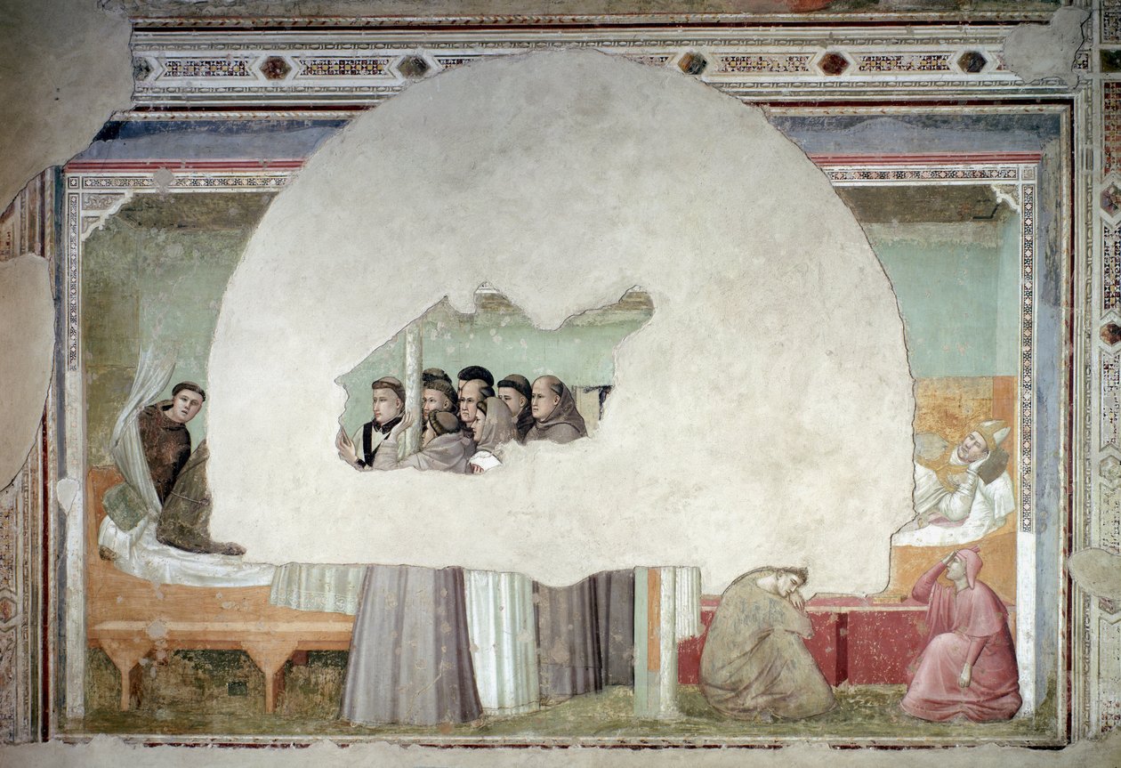Visjoner om himmelfarten til den hellige Frans av Assisi: broren Augustin reiser seg fra sengen mens biskopen fortsatt ligger i det nære rommet, hjulpet av to tjenere ved foten av sengfresken, ca. 1325 av Giotto (c.1266 1337)