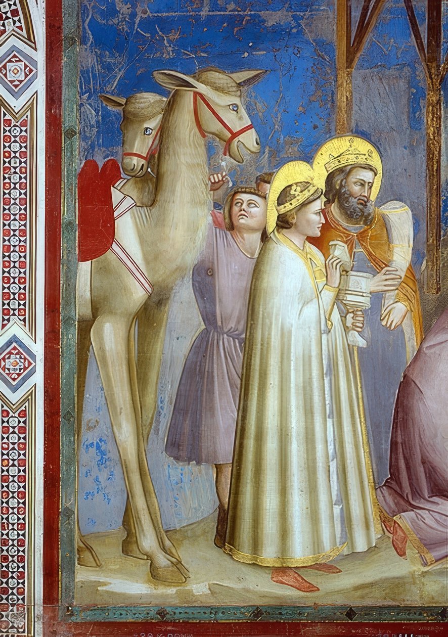 Tilbedelse av magiene. Detalj: to kameler og kongene med gavene sine. 1305 av Giotto di Bondone