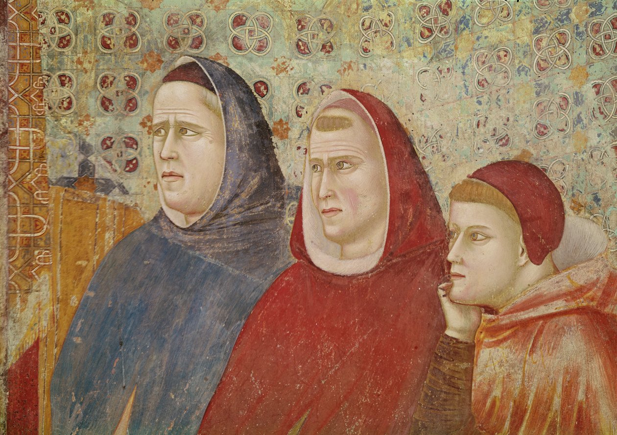 Saint Francis forkynner en preken til pave Honorius III, detalj av tre prelater på høyre side, ca. 1297-99 av Giotto di Bondone