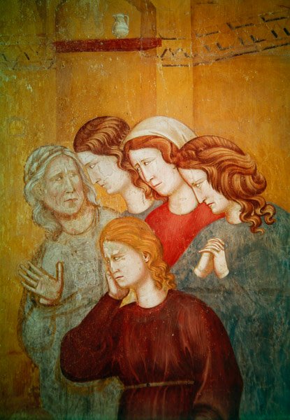 Saint Francis gjenoppliver den uforsonede kvinnen for å lette hennes bekjennelse, detalj om gruppen kvinner til høyre, ca. 1297-99 av Giotto di Bondone