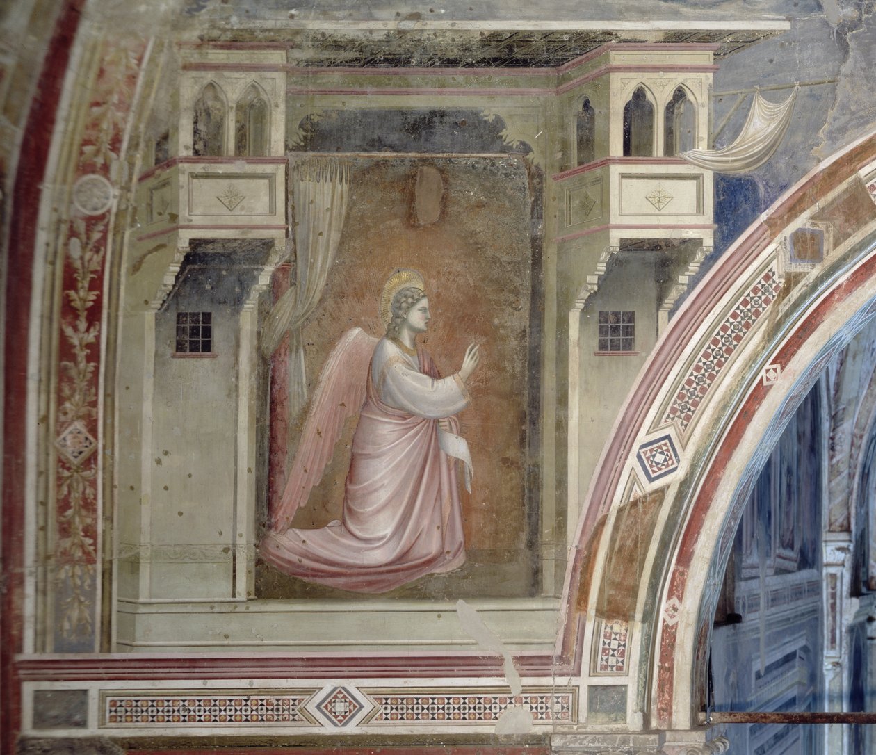 Bebudelsen, detalj av engelen Gabriel, fra lunetten over alteret, freskomaleri ca. 1305 av Giotto di Bondone