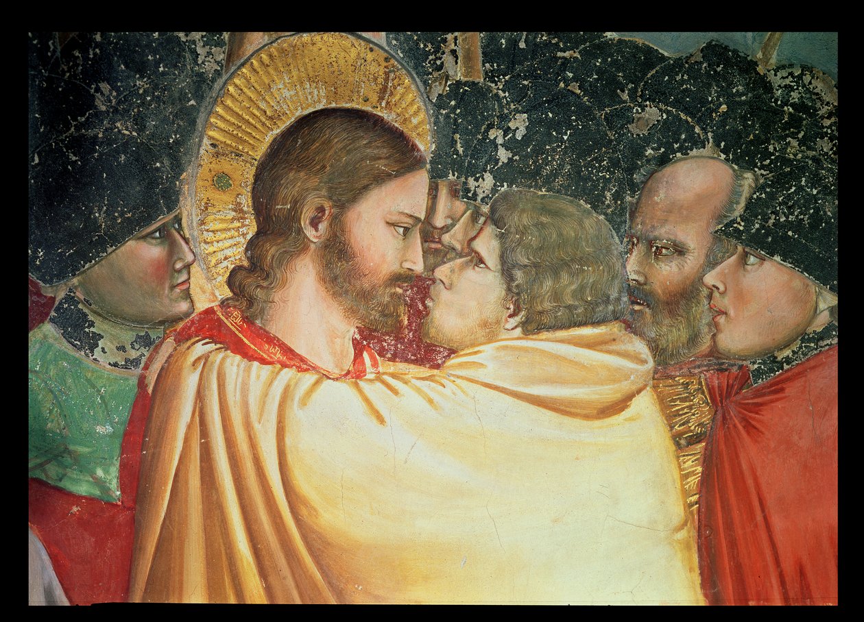 The Betrayal of Christ, detalj av kysset, ca. 1305 av Giotto di Bondone