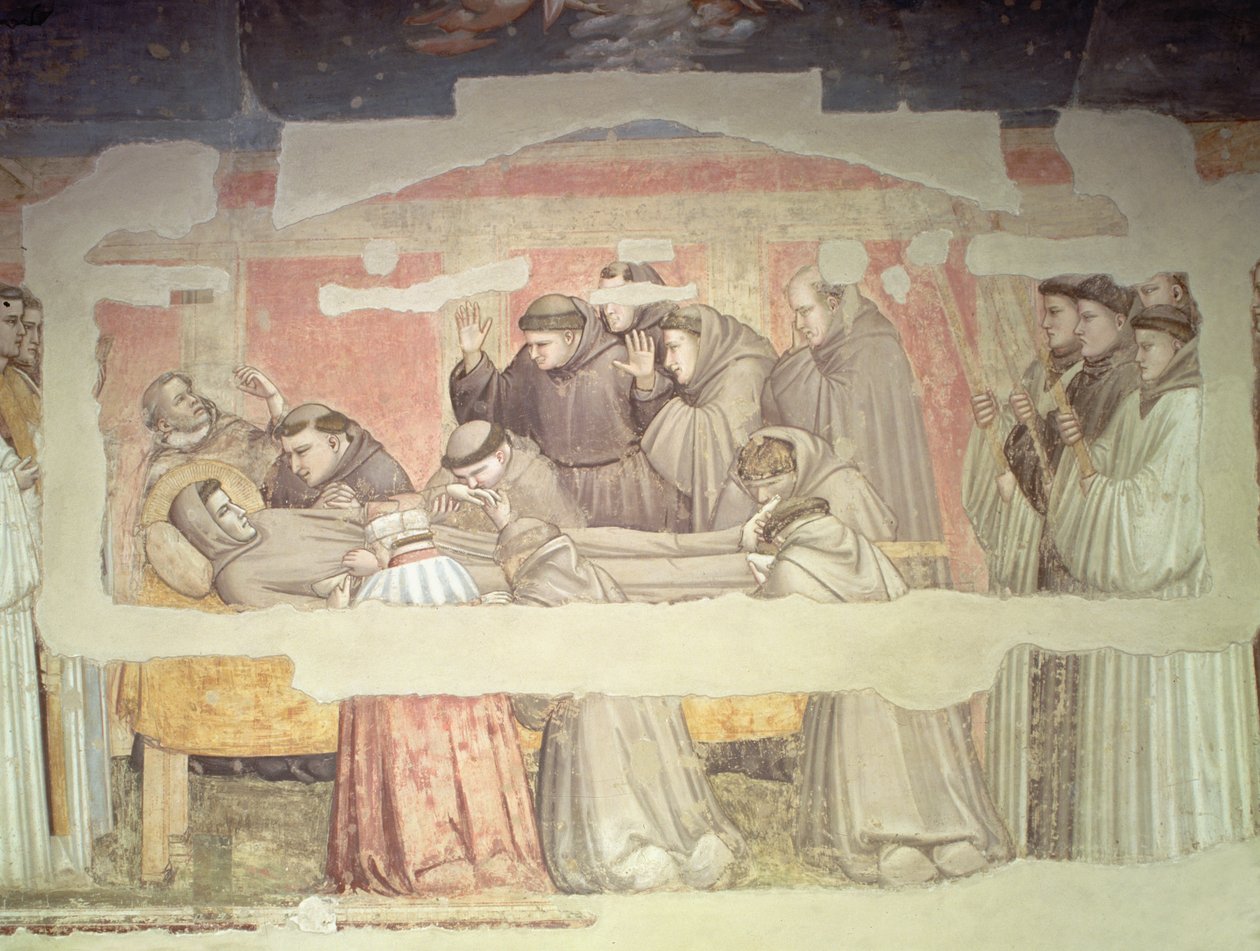 The Death of St. Francis, detalj om båre og sørgende, fra Bardi-kapellet, se også 63380, 63329, 99677 av Giotto di Bondone