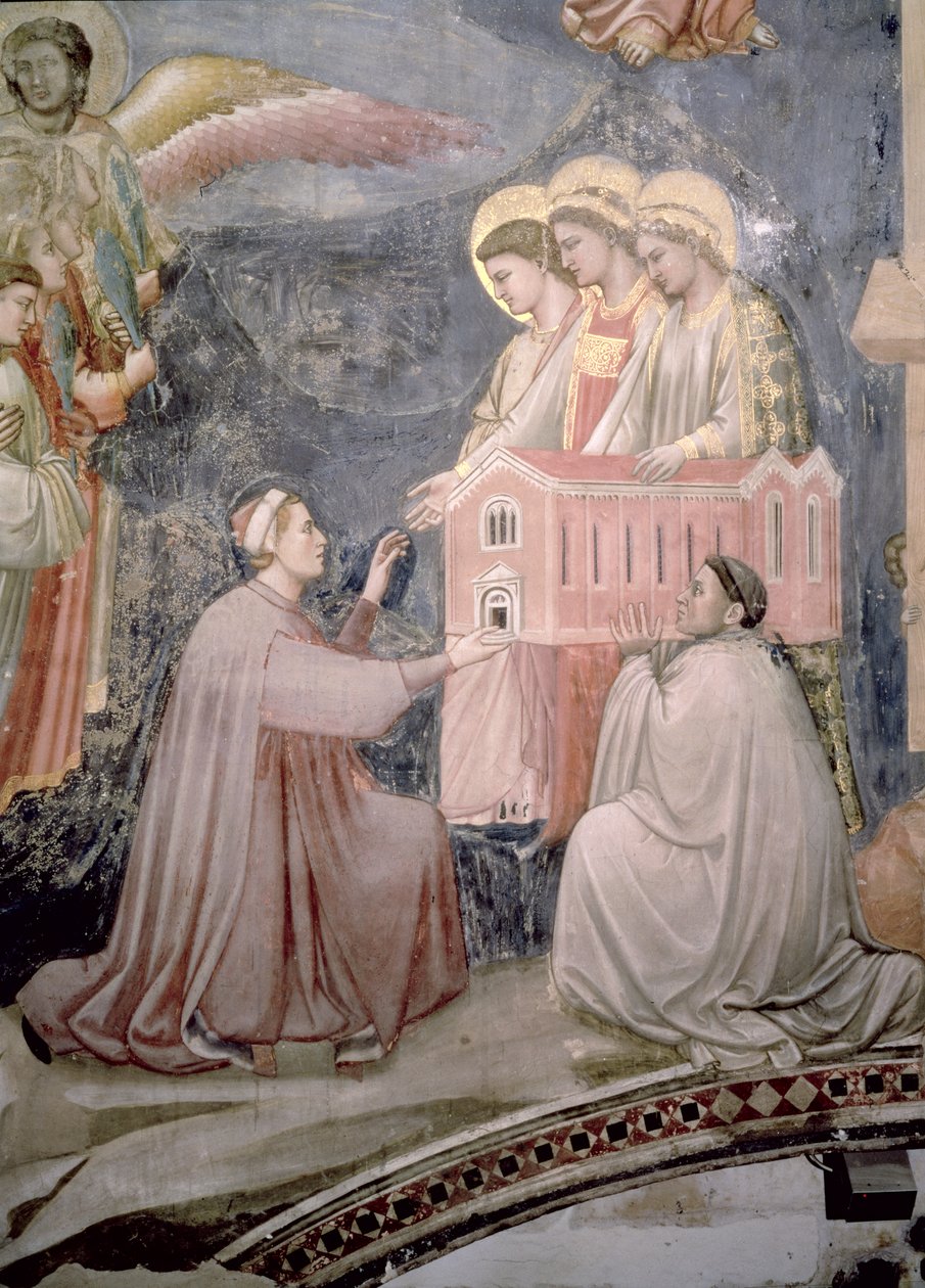 The Last Judgement, detalj av skytshelgen Enrico Scrovegni som presenterer en modell av kirken, ca. 1305 freskomaleri av 65227 av Giotto di Bondone