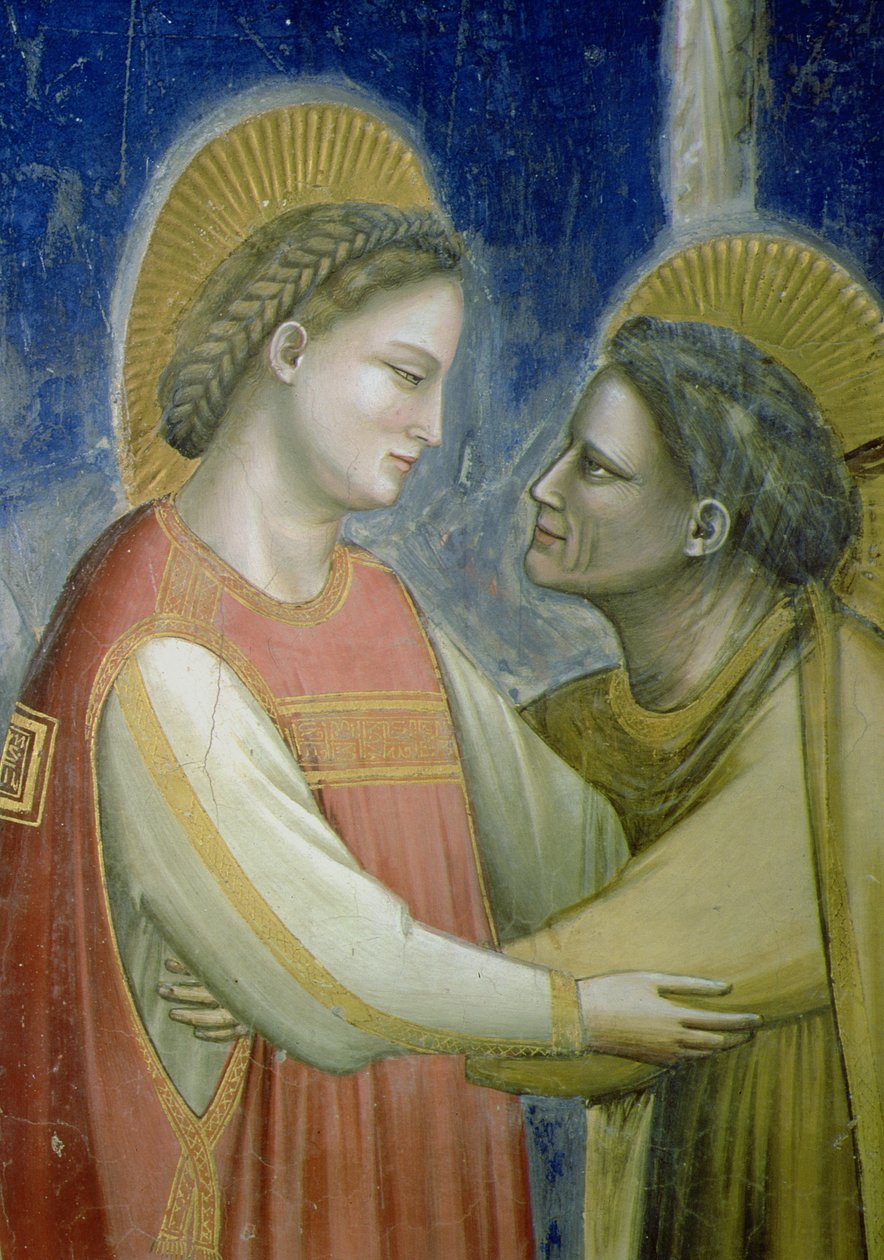 The Visitation, detalj av Jomfruen som omfavner St. Elizabeth, ca. 1305 freskomaleri av 102753 av Giotto di Bondone