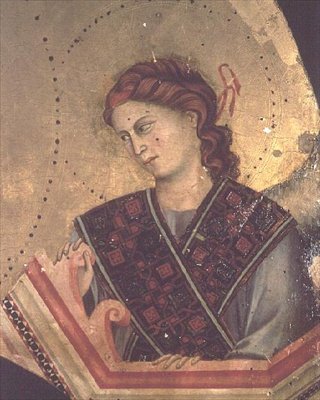 Angel fra Madonna and Child Enthroned (detalj av 66535) (se også 66536, 66537 og 66539) (altertavle) av Giotto di Bondone