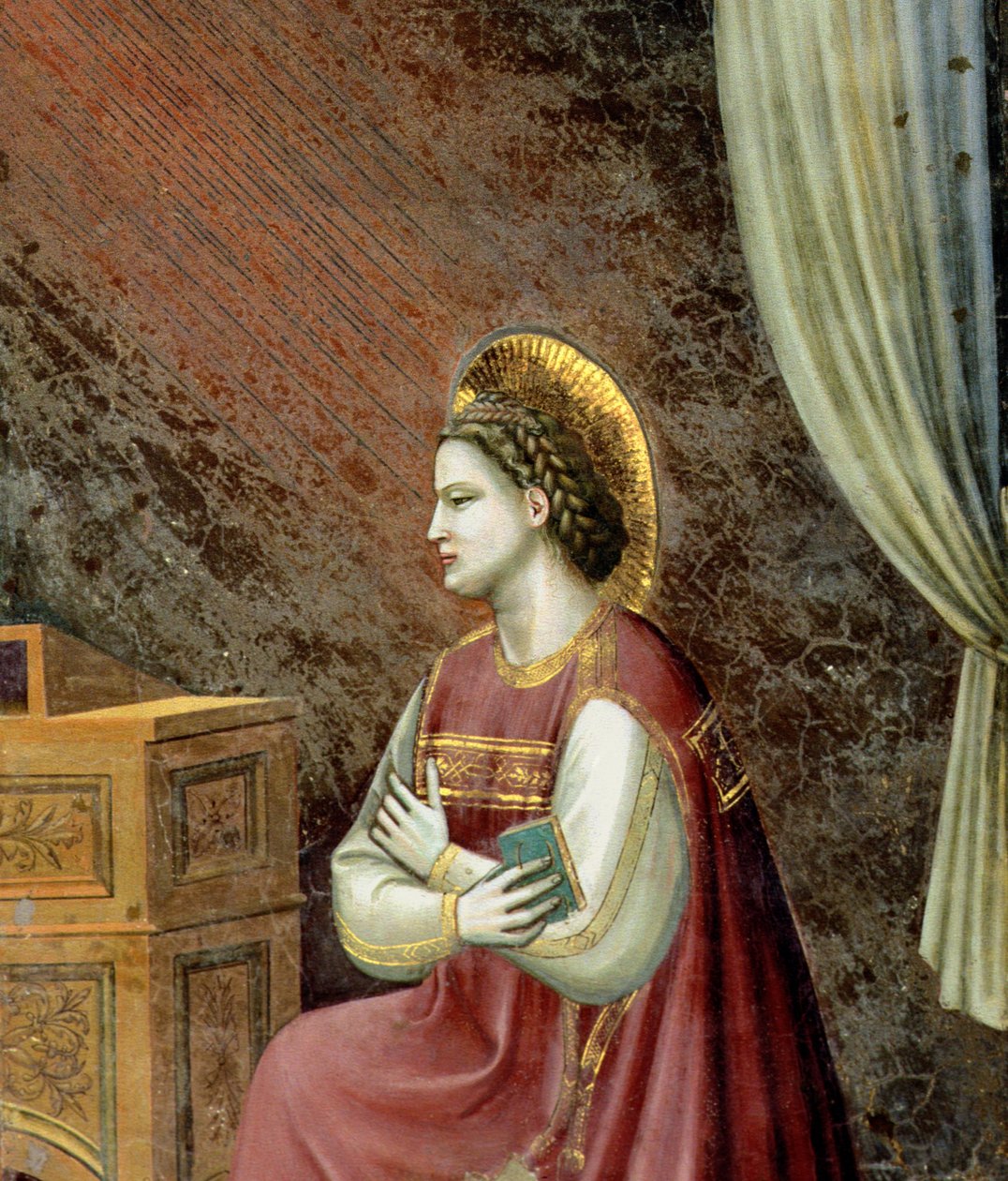 Bebudelsen, detalj av jomfruen som kneler, fra lunetten over alteret, ca. 1305 (detalj av 97840) av Giotto di Bondone
