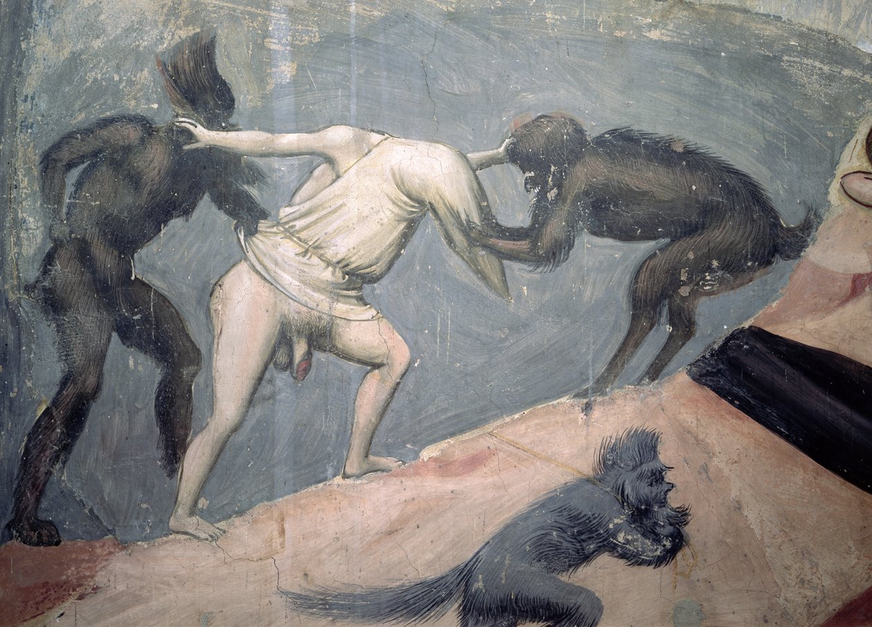The Last Judgement: Hell, detalj av en av de fordømte tatt av to demoner, ca. 1303-05 av Giotto di Bondone
