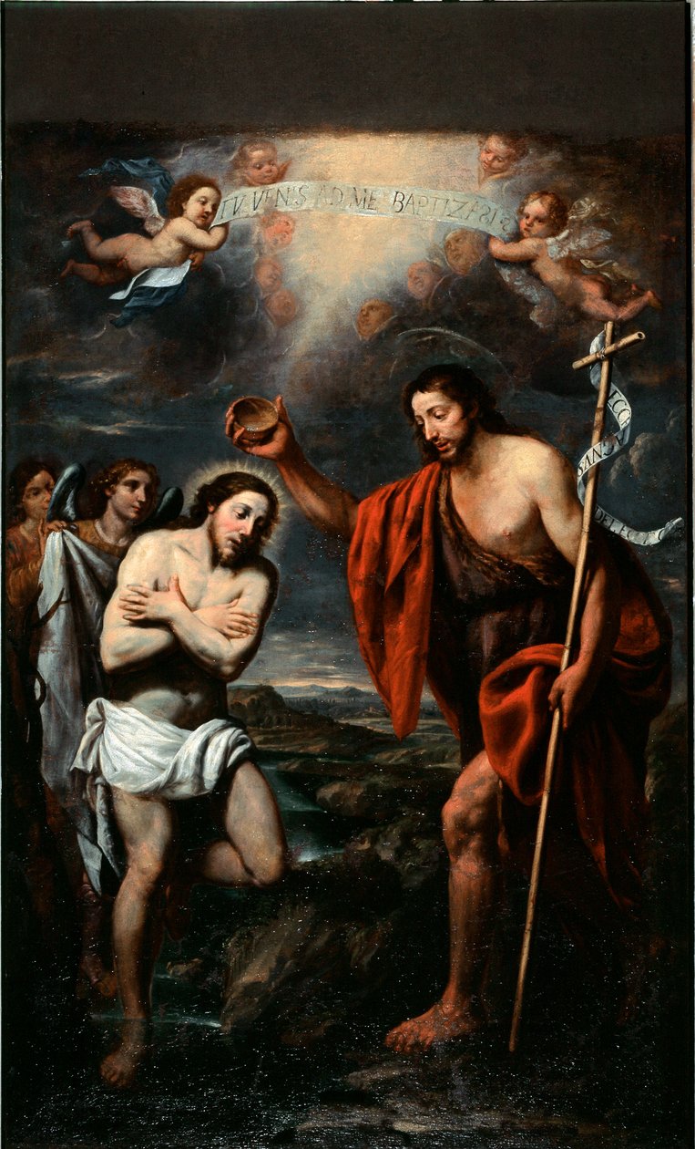 Bapteme of Christ (Baptism of Jesus christ) Maleri av Giovanni Battista Calzone (1609-1681) Santa Margherita Ligure fra 1600-tallet, Santa Margherita-kirken av Giovan Battista Casone