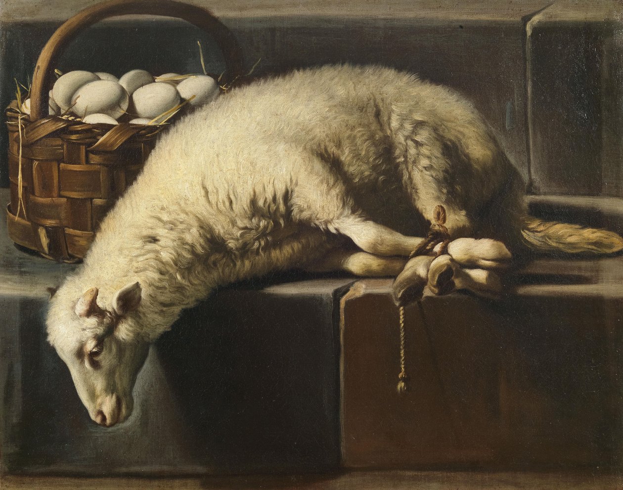 A ligated lamb besides a basket of eggs Allegory of Easter, Second Half of the 17th cen..    1185023   no       norwegian Successfully Translated  Original: Feeding Mule - Front, from Die Zweite Thierfolge Translat: Feeding Mule - Front, from Die Zweite Th av Giovan Battista Recco