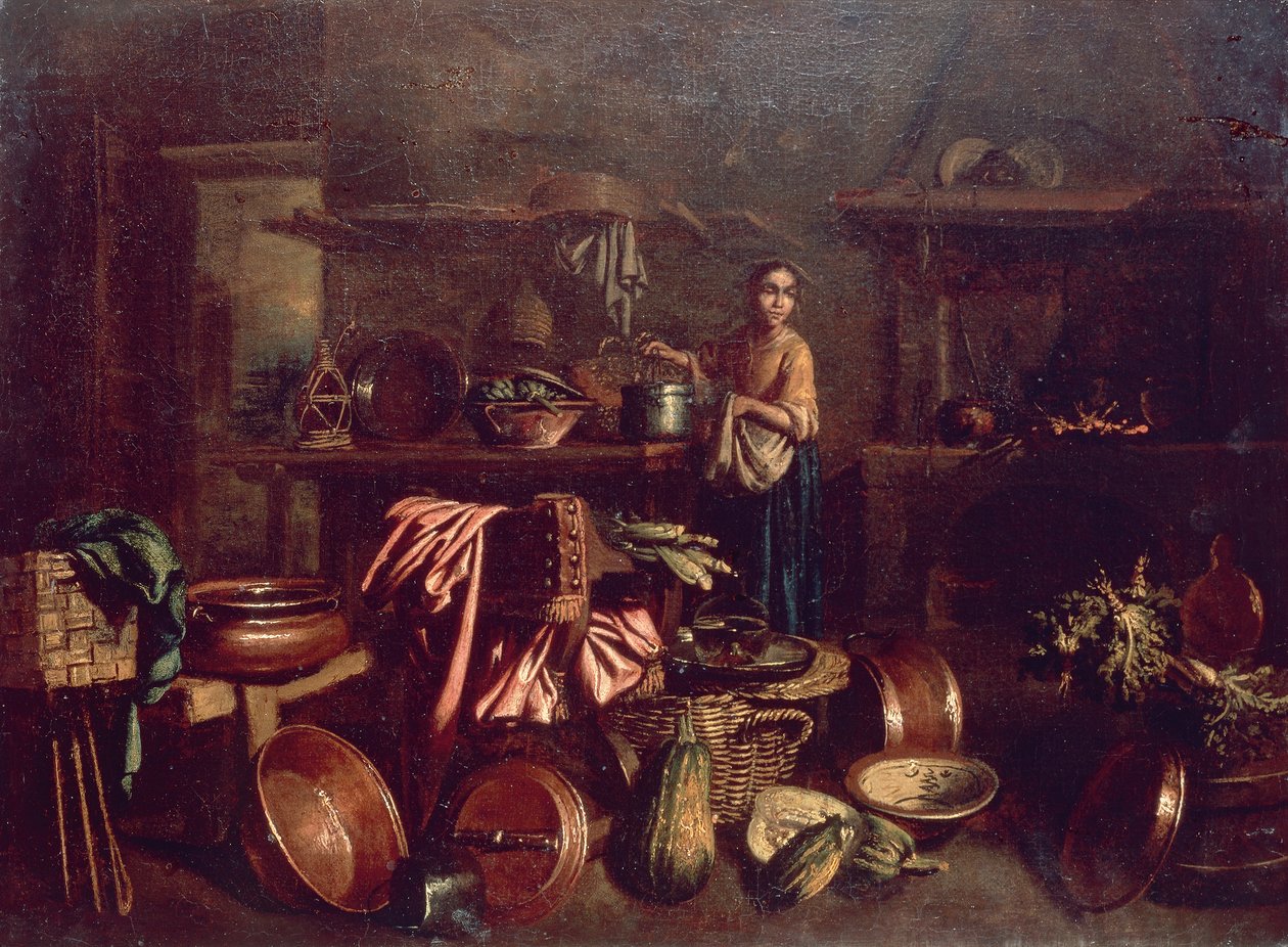 Innvendig kjøkken, av Gian Domenico Valentino (1630-1708) av Giovan Domenico Valentino