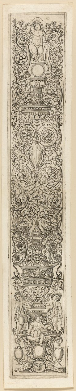 Tre barn som blåser horn, plate åtte med tolv ornamentpaneler av Giovan Pietro Birago
