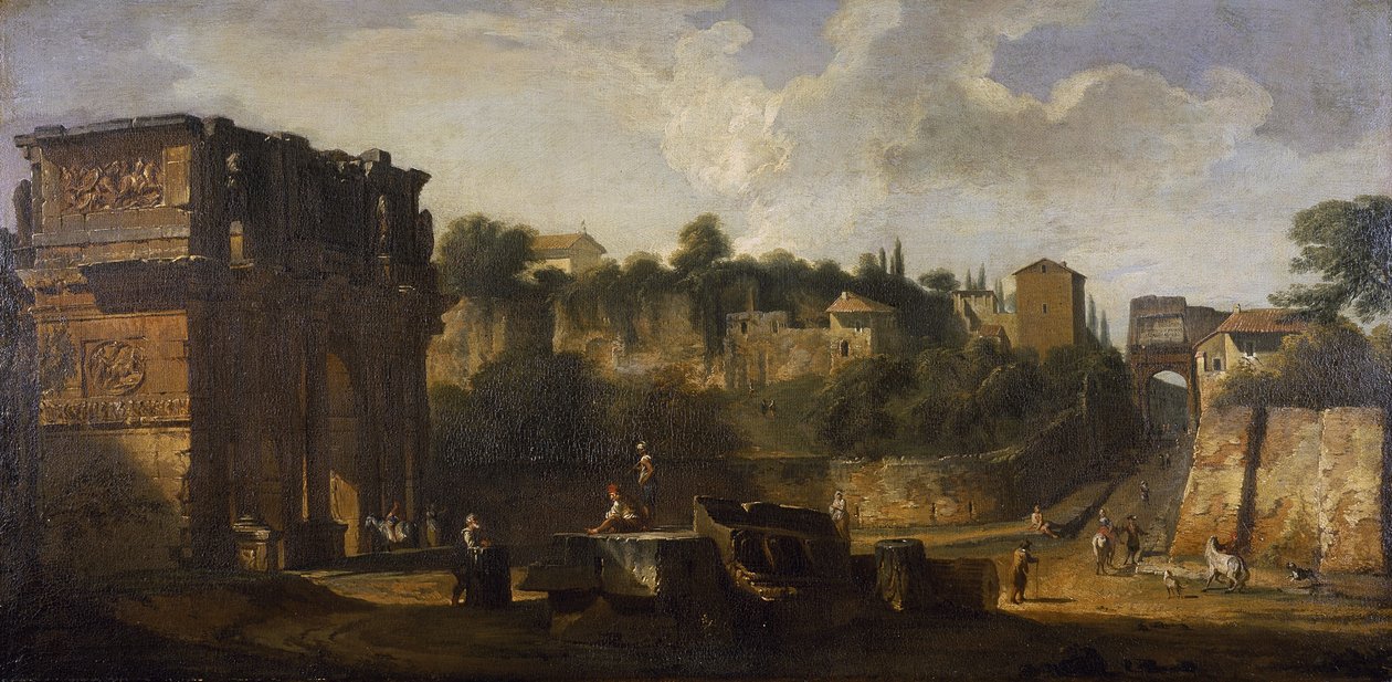 Utsikt over buene til Konstantin og Titus, Roma (olje på lerret) av Giovani Paolo (attr. to) Panini