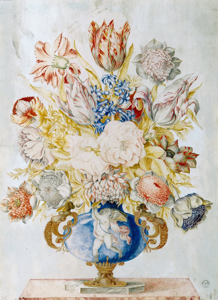 Dypblå krystallvase med en haug med blomster (wc) av Giovanna Garzoni
