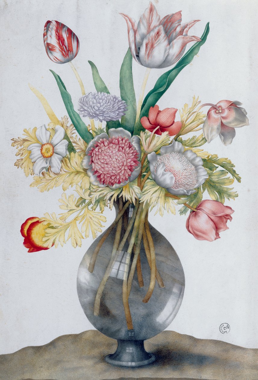 Glassvase med en haug med blomster (wc) av Giovanna Garzoni