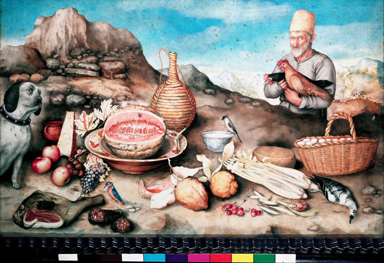 Stilleben Fisk, melon, skinke, artisjokk, selleris, vilt. Maleri av Giovanna Garzoni av Giovanna Garzoni