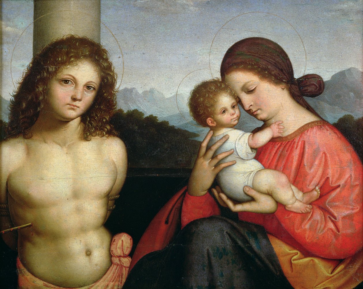 Madonna og barn med St. Sebastian (panel) av Giovanni Agostino da Lodi