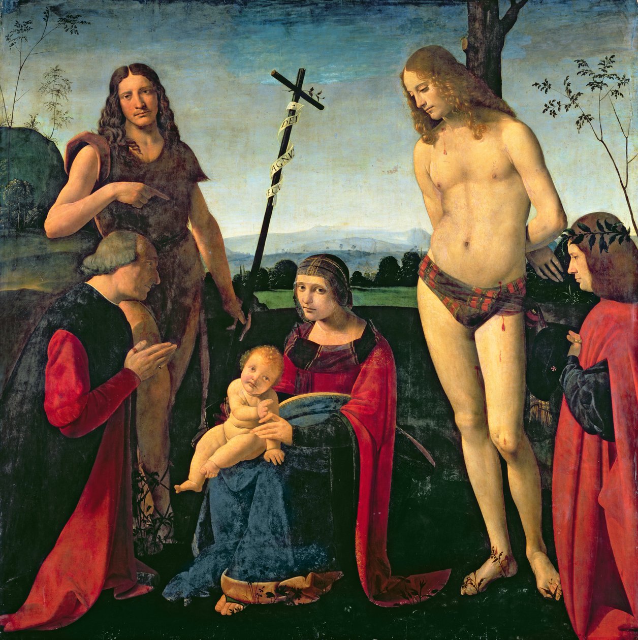 Madonna og barn med SS. Døperen Johannes og Sebastian mellom to givere, ca. 1500 av Giovanni Antonio Boltraffio