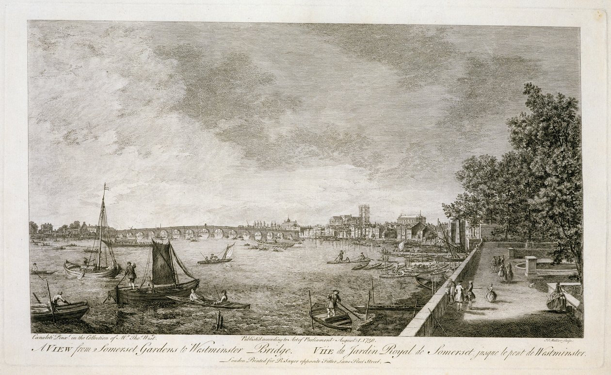 En utsikt fra Somerset Gardens til Westminster Bridge, gravert av Johann Sebastian Mueller (ca. 1715-92) 1750 (se 111929) av Giovanni Antonio Canal