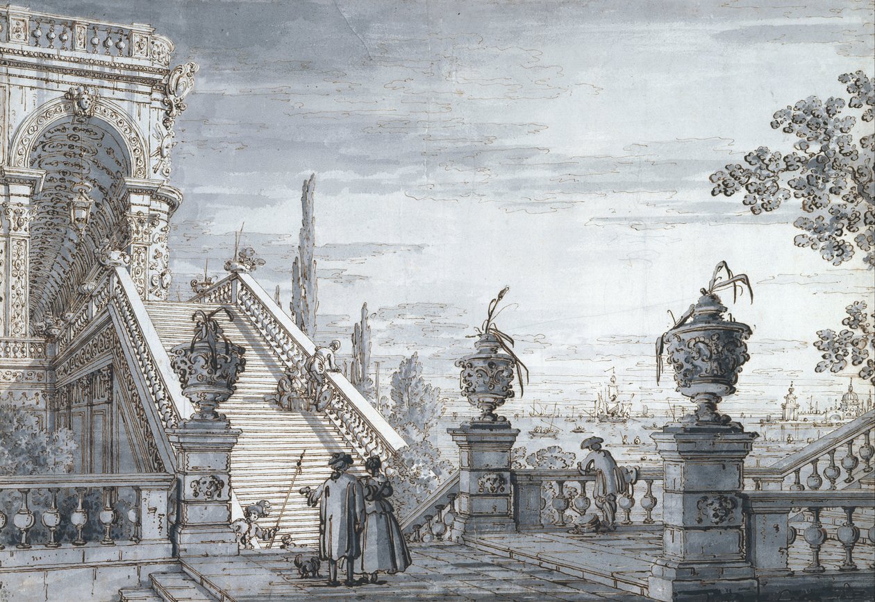 En capriccio med en monumental trapp av Giovanni Antonio Canal