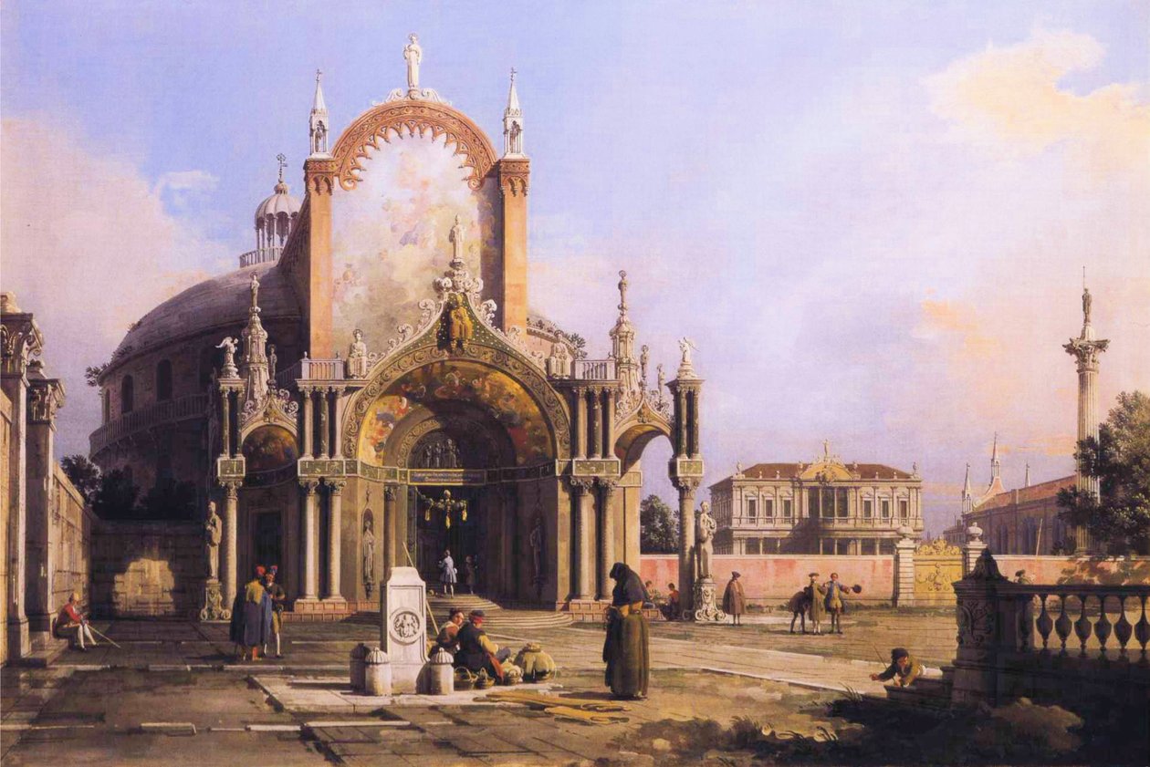 Capriccio av en rund kirke med en forseggjort gotisk portico på en Piazza, en Palladian Piazza og en gotisk kirke utover.JPG av Giovanni Antonio Canal