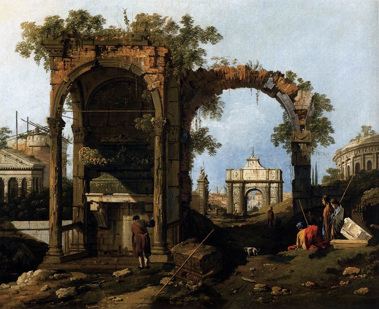 Capriccio med klassiske ruiner og bygninger av Giovanni Antonio Canal