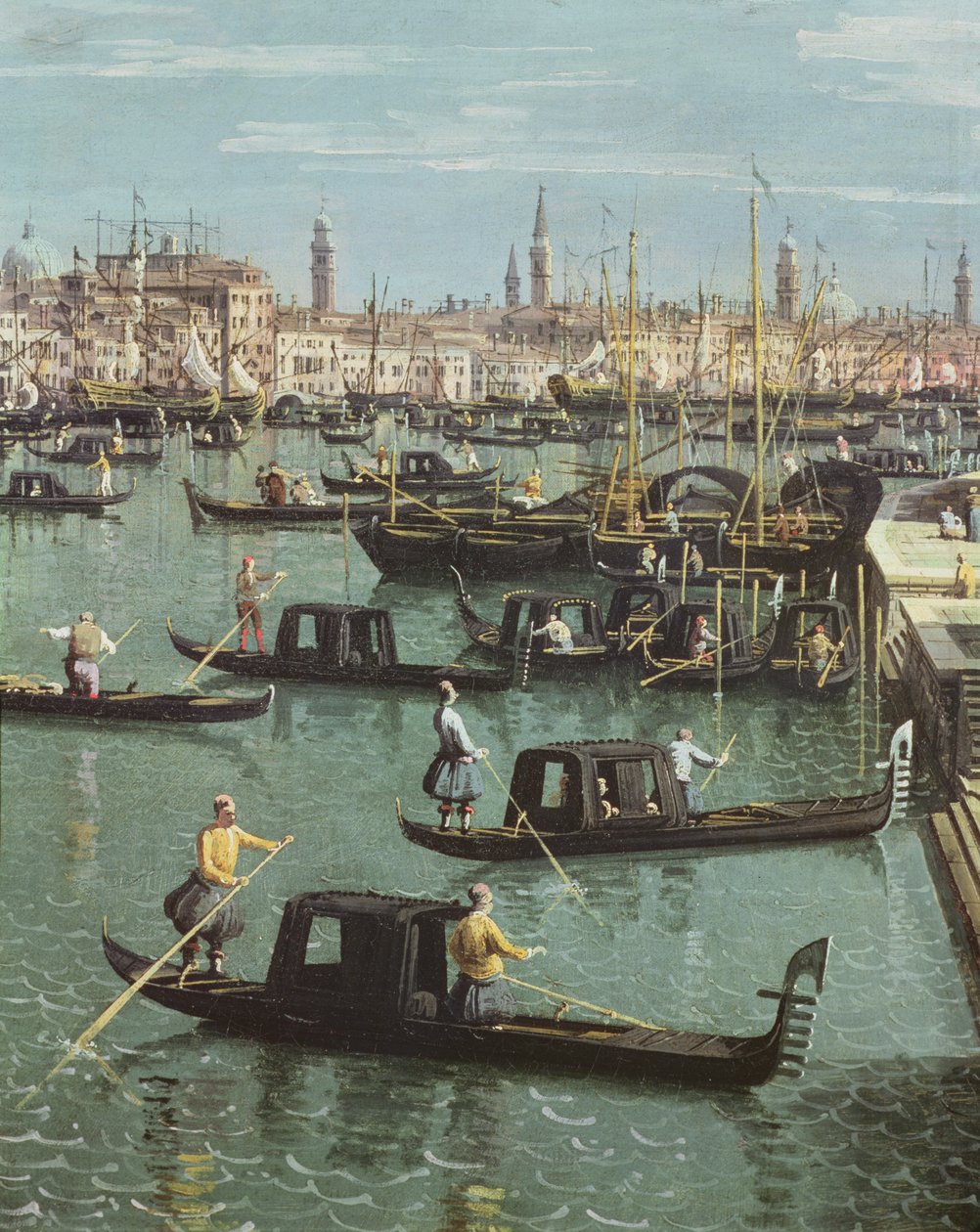Gondolierer nær inngangen til Canal Grande og kirken Santa Maria della Salute, Venezia (detalj av 156534) av Giovanni Antonio Canal