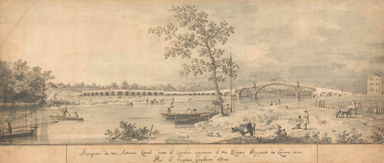 Gamle Walton Bridge sett fra Middlesex Shore av Giovanni Antonio Canal