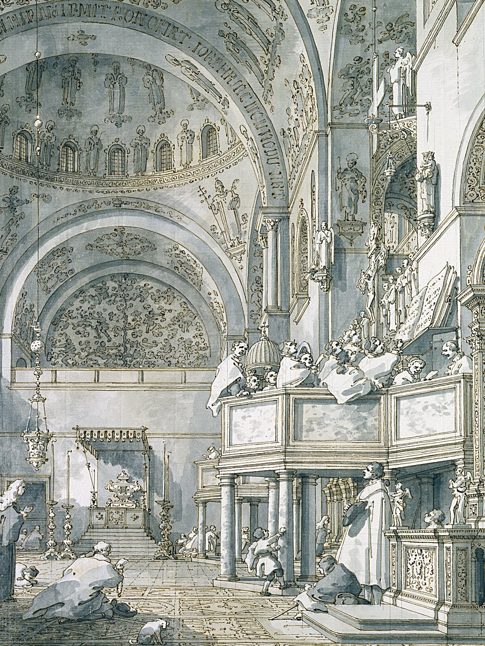 Koret synger i Markuskirken, Venezia, 1766 (penn, blekk og vask på papir) av Giovanni Antonio Canal