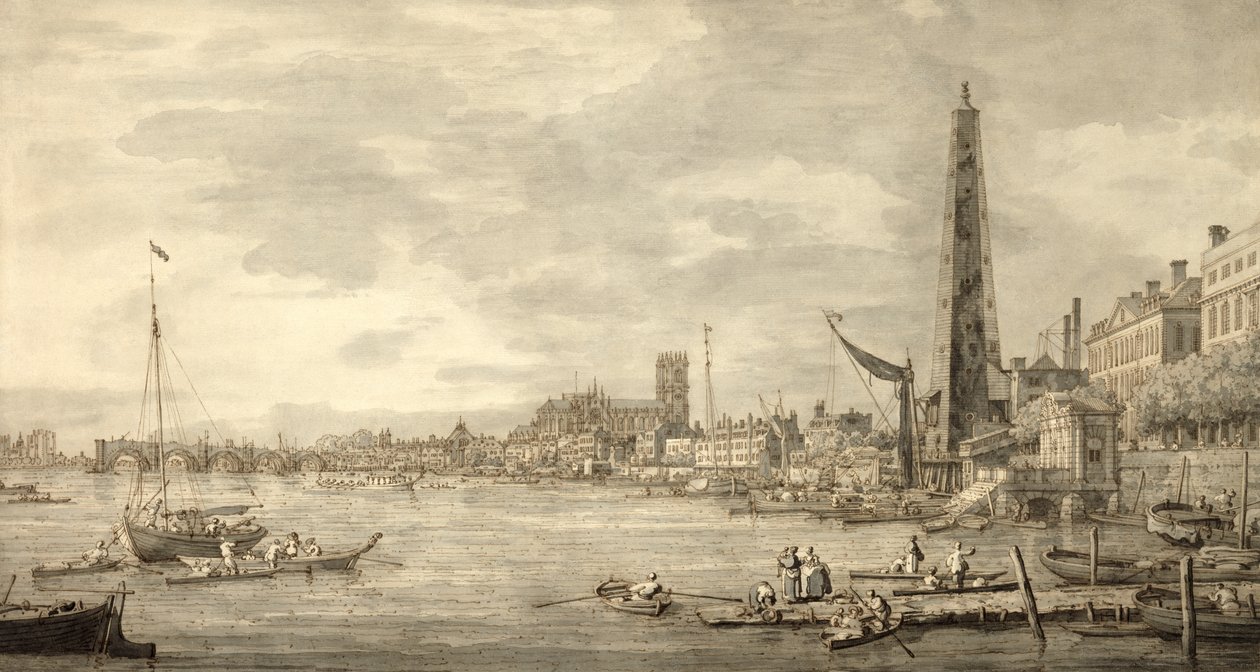 Themsen ser mot Westminster fra nær York Water Gate (penn og brunt blekk med grå vask på papir) av Giovanni Antonio Canal
