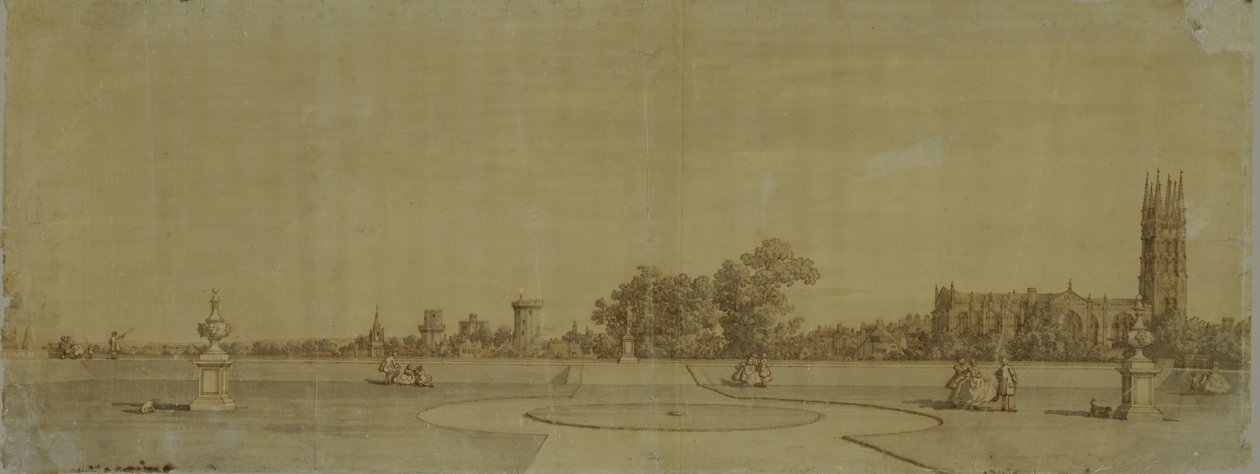 Warwick: The Town and Castle from the Priory Gardens (penn og brunt blekk over grafitt) av Giovanni Antonio Canal